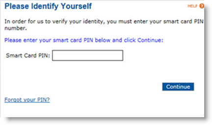 User portal login page with a field to enter your Smart Card PIN, along with a Forgot your PIN? link and a Continue button at the bottom of the screen